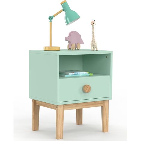 Table de chevet enfant JACOB 1 tiroir + 1 niche vert d'eau et bois