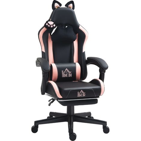 Fauteuil gaming avec oreilles de chat amovibles, dossier inclinable, repose-pieds extensible, rose/noir (1/5)