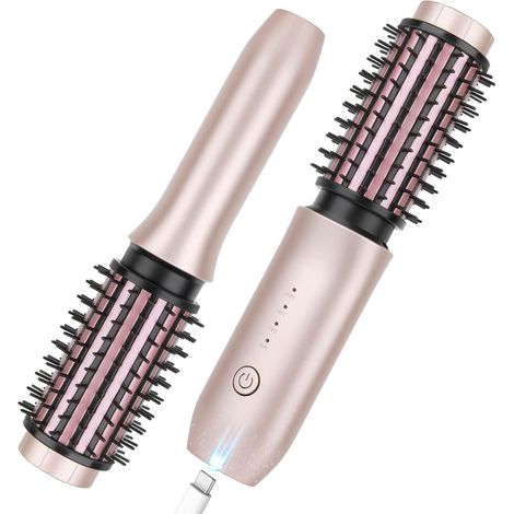 Brosse fer à friser sans fil, mini brosse de voyage portable pour femmes, brosse fer à friser rechargeable USB 7000 mAh avec ions négatifs, rose