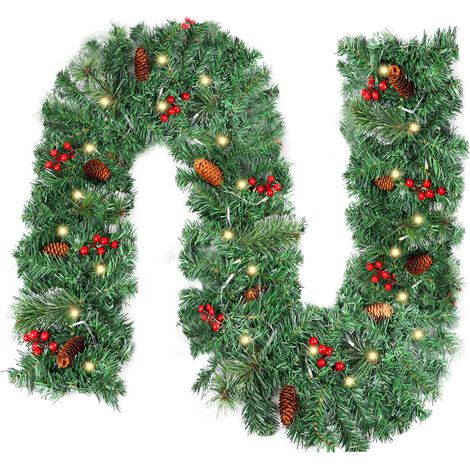 Guirlande de Noël avec éclairage décoratif - 50 LED - 2,7 m - Guirlande de sapin - Blanc chaud - Guirlande lumineuse de Noël avec pommes de pin et baies - Décoration de Noël pour l'intérieur et (1/5)