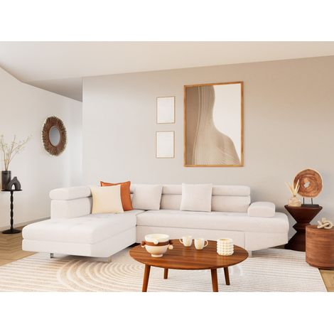 Bestmobilier – Canapé d'angle gauche 5 places convertible – Coffre de rangement – Têtières réglables – Velours texturé beige