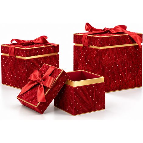 Set 3 Scatole Quadrate Decorazione Natalizia Bordeaux 16/20/25cm Scatola Fiocco (1/5)