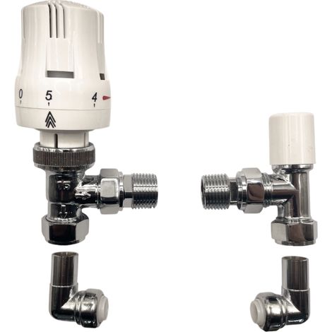 Haxby White Angled Thermostatic Radiator Valve & 15mm Angled Pipe Connector Push Fit Connection (1/4)