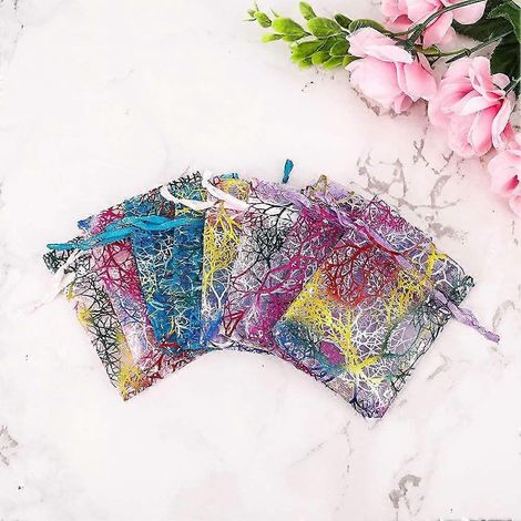 100 sachets en organza 7x9cm, petits sachets en organza colorés à cordon et motif corail, sachets à bonbons, sachets à bijoux transparents, sachets cadeaux pour mariages et fêtes. (1/5)