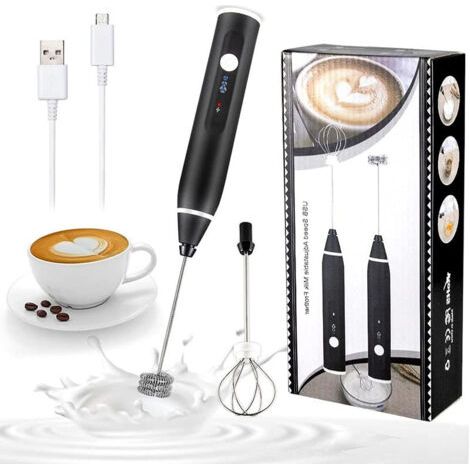 (Noir)Mousseur à Lait Électrique,Mousseur de Lait Rechargeable USB et Mini Fouet Electrique avec Dual Fouet Tête, Mélangeur Acier Inoxydable pour Café, Café au Lait, Cappuccino (1/4)