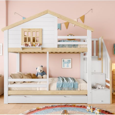 DESVIAE Lit mezzanine cabane 90 x 200 cm avec lit gigogne échelle de rangement barrières fenêtre et toit couleur naturel et blanc pin (1/5)