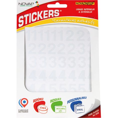 Novap – Chiffres autocollants vinyle coloré 20mm blanc – Adhésif acrylique pour surfaces lisses – 2 feuillets et 5 bandes transfert – 4370132