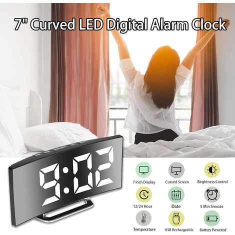 Réveil numérique pour chambre à coucher, écran miroir LED 7 pouces, 2 niveaux de luminosité, 12/24 heures, température, date, veilleuse, répétition, chargement USB et alimentation par batterie (blanc) (1/4)