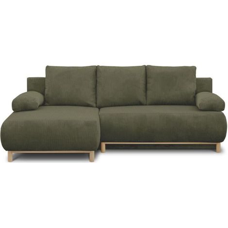 Canapé d'angle gauche convertible - 3 places - MIKA - Tissu velours côtelé vert kaki - Coffre de rangement - 192 x 84 x 93 cm (1/5)