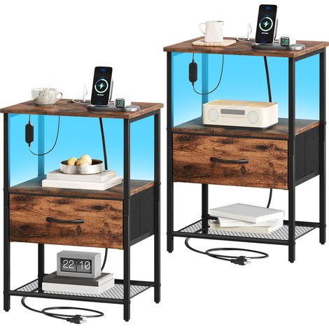 Somdot – 2 Table de Chevet LED avec Station de Charge – Dimensions 30 x 40 x 59,5 cm – 1 tiroir en Tissu – Imprimé Grain de Bois