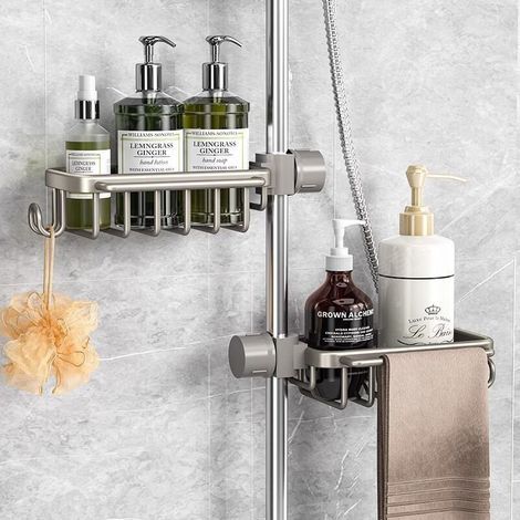 BUNTHAUS 2-teiliges Duschregal aus Edelstahl zum Aufhängen (ohne Bohren), rostfreies Badezimmeraccessoire, Aufbewahrung und Organisation im Badezimmer, Seifen- und Gelhalter für Duschstangen mit 18–27