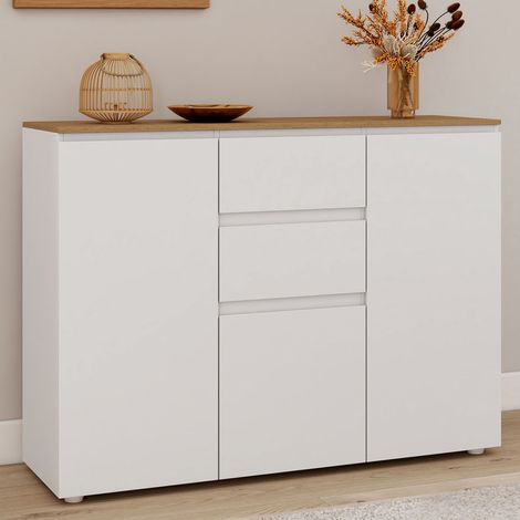 Aparador TOBY 100 cm con 3 puertas, 2 cajones blancos y encimera de madera (1/5)