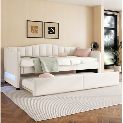 Lit 90x200 avec lit gigogne et LED, lin beige HAVRYA (1/5)