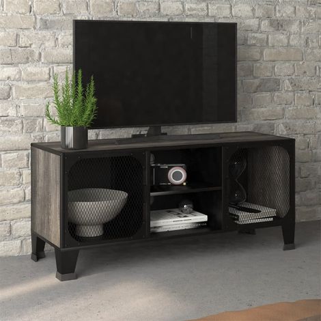 Rustique TV Door mobile 105x36x47 cm en métal et bois avec 2 portes latérales Couleur : Gris rustique (1/5)