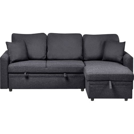 Divano letto angolare moderno a sinistra rivestimento in poliestere effetto lino cuscini extra e contenitore nero NASSJO (1/5)