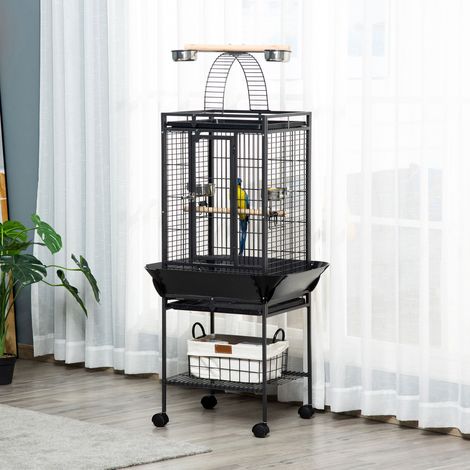 Gabbia per uccelli PawHut, gabbia per pappagalli con ruote, posatoi, mangiatoie, ripiani, ponte ad arco e vassoi rimovibili, voliera per calopsitte, calopsitte e parrocchetti, 62,5x62,5x156 cm, grigia