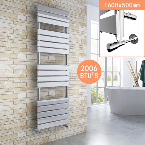 ELEGANT 1600 x 500 Chrome Heated Towel Rail Radiator Flat Panel + Anthracite Thermostatic Radiator Valves (1/5)