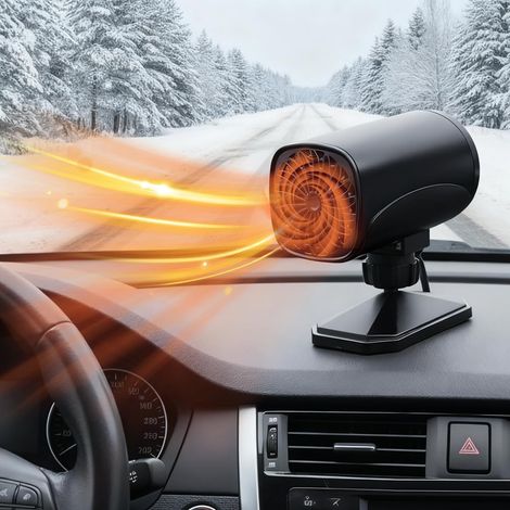 12V Portable Car Heater, Windshield Defroster, Rechargeable Fast Heating Fan with Rotating Base for Campers, SUVs and Trucks (Black) (1/4)
