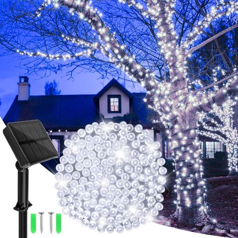 Guirlande Lumineuse Exterieure, 12m 120LED Guirlande Lumineuse Solaire Mperméable, 8 Modes Guirlande Solaire Exterieur pour la décoration d'extérieur, de fêtes, de soirées, Blanc Chaud