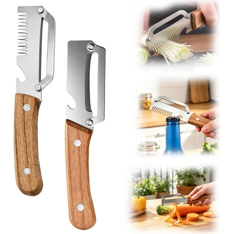 Couteau éplucheur Multifonction, éplucheur Multifonction, éplucheur à julienne, Lame tranchante, Manche Antidérapant en Bois Massif, Permet d'éplucher,de Couper en Julienne et d'ouvrir des Bouteilles (1/5)