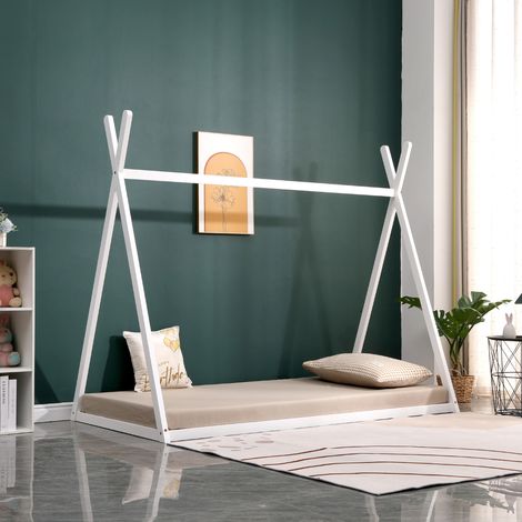Lit tipi en pino macizo 90x190 cm blanco con 10 lamas de contrachapado de álamo montaje rápido y fácil