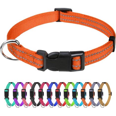 Collier chien chat réfléchissant nylon orange, collier réglable sécurité visibilité nuit (1/5)