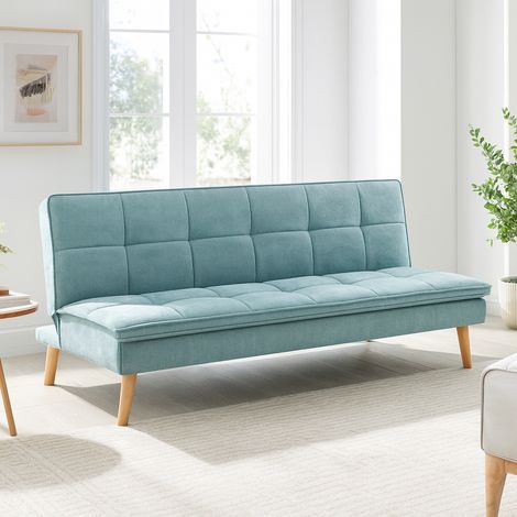Divano Letto Reclinabile 3 Posti Ergonomico in Tessuto Celeste con Gambe Legno (1/5)