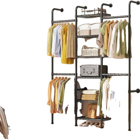 Perchero de pared con barras ajustables, gran capacidad, color negro. (1/2)