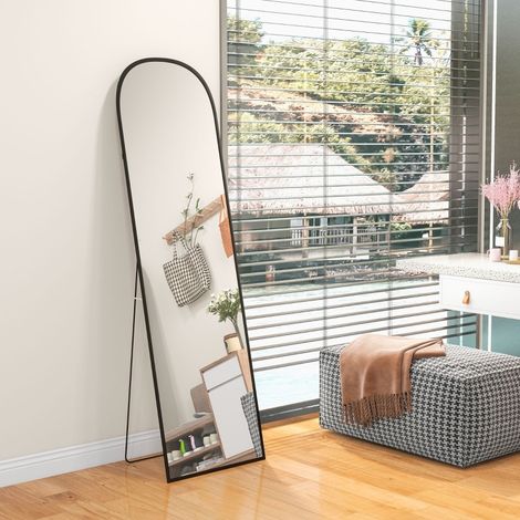 Miroir plein pied sur pied 170 cm avec verre HD incassable, cadre aluminium noir, à poser, à fixer ou à adosser, pour chambre, entrée et salon - CHICFURN (1/5)