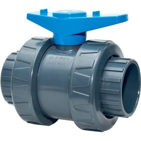 Vanne PVC pression Ø 63 mm – Double union avec siège de bille réglable – Poignée bleue pour installation facile – Pression maximale 16 bars (1/5)