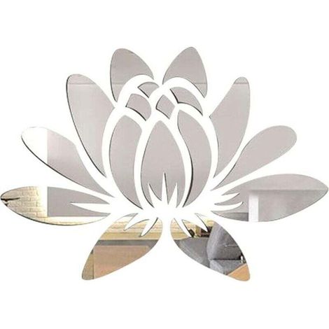 3D Acrylique Miroir Fleur de Lotus Sticker Mural Stickers Muraux Auto-Adhésif Amovible Écologique pour la Maison Chambre Salon Salle de Bains Décoration 13.7 x 9.8 Pouces, Argenterie (1/4)