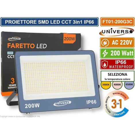 UNIVERSO FT01-200G3C FARO PROIETTORE SMD LED ULTRA SLIM 200W CCT SWITCH TEMPERATURA COLORE SELEZIONABILE IP66 (1/3)