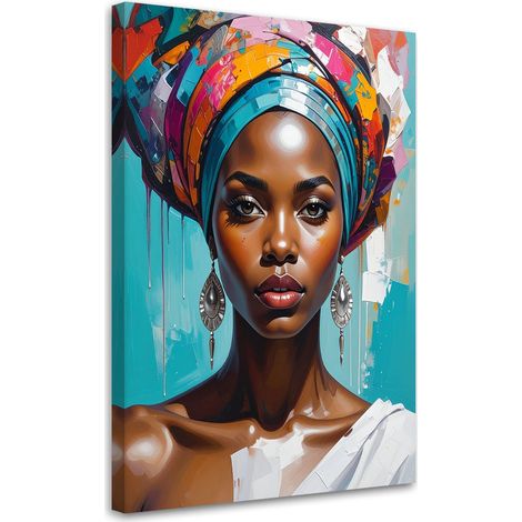 Cuadro en Lienzo, Retrato colorido de una mujer de estilo africano decoración étnica moderna con turbante, 30x45 (1/5)