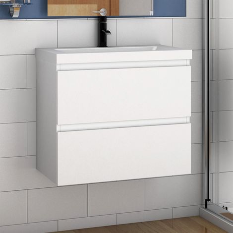 Acezanble Bathroom Vanity Unit with Resin Basin 600mm Wall Hung  Base Cabinet Two Drawers Storage White