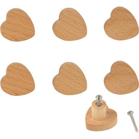 Tiradores para muebles, 6 piezas, con forma de corazón, fabricados en madera maciza de alta calidad, con textura natural, que crean un ambiente más cercano a la naturaleza.