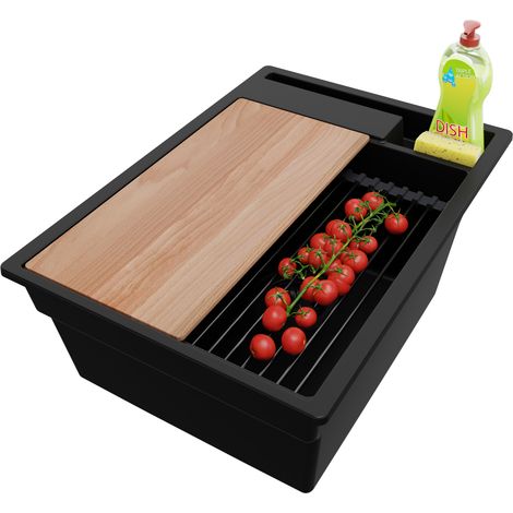 PRIMAGRAN Evier Cuisine en Granit 38x53cm, Lavabo 1 bac + Kit de Vidage + Accessoires, Évier à Encastrer au meuble 40cm - Oslo Pocket, Tout Noir (1/5)