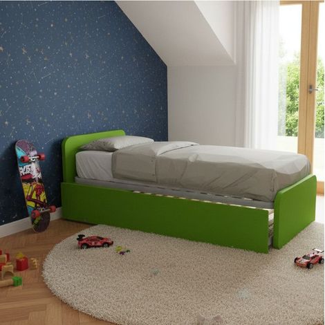 Letto singolo con letto estraibile, trasformabile in matrimoniale. Testate personalizzabili, reti in acciaio e doghe in faggio - Verde mela