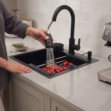 Évier de cuisine 50 × 45 cm en inox, robinet extractible 360°, avec rince‑verres, panier d’égouttage et distributeur de savon (1/5)