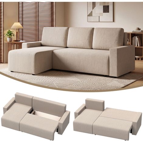 Canapé d'angle convertible avec méridienne réversible, canapé 3 places en L revêtu de velours beige