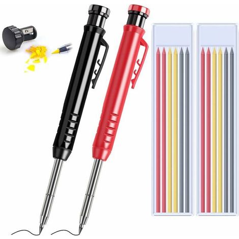 2 Pcs Crayon Chantier, Crayon de charpentier avec 7 Recharges,Marqueur à Pointe Télescopique,Crayon Intégré,Outils Marquage Porte-mines pour Verre, le Chantier,Carrelage,Bois (1/4)