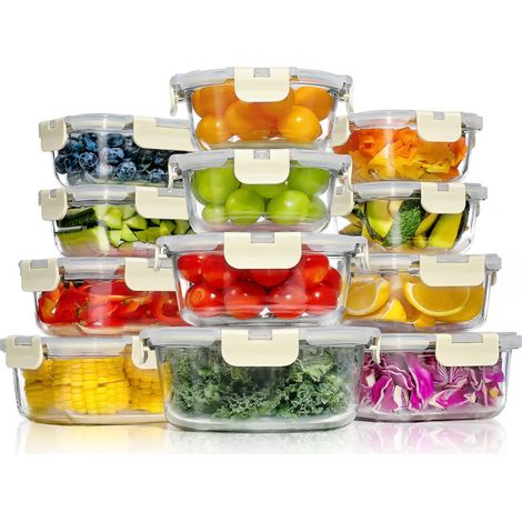 Boite Alimentaire Verre avec Couvercle Hermétique - Lot de 12 Lunch Box Verre Réutilisables, Sans BPA, Compatibles Micro-ondes, Four, Lave-vaisselle, Congélateur, Blanc (1/5)