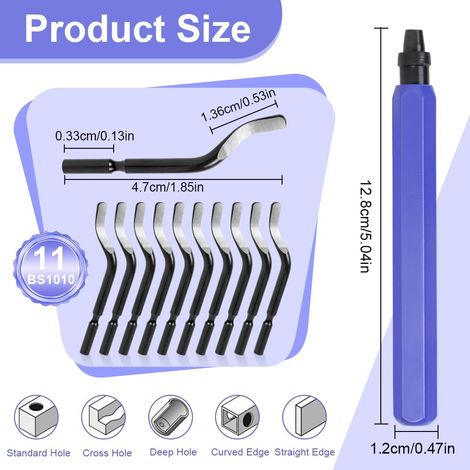 ® Outil D'ébavurage Manuel, 1 Manche en Métal + 11 Lames BS1010 HSS Lames D'ébavurage Rotatives en Métal à 360° pour Tuyaux D'impression 3D, Plastique, Aluminium, Cuivre, PVC et Acier