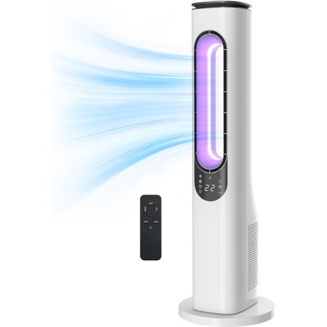 Ventilateur colonne sans pales pour chambres, silencieux (35 dB), oscillation à 50°, éclairage LED, 3 vitesses, minuterie 15 heures, blanc