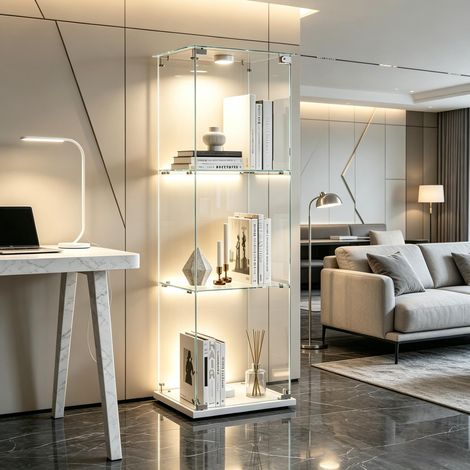 FOERPL-Glasvitrine mit LED-Beleuchtung, Säulenvitrine mit 3 Ablagen für Sammlungen, Glas-Weinschrank mit 1 Tür und Schloss Vertikale Sammlungsvitrine/Aufbewahrungsvitrine