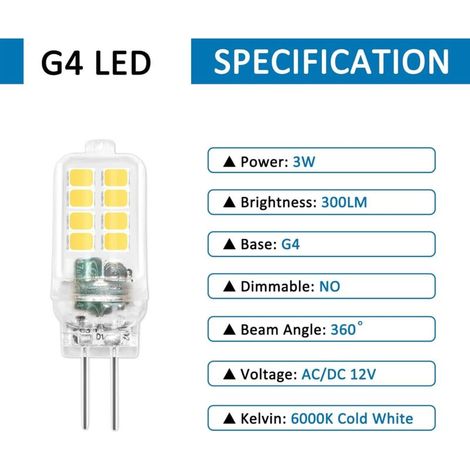 Ampoule LED G4 12V 3W, Non Dimmable, 16SMD 300LM Blanc Froid 6000K, Équivalent 25W G4 Ampoule Halogène, Ampoule G4 LED pour Lustre, Éclairage Paysager, Lumière d'armoire, Chambre, Lot de 6 (1/3)