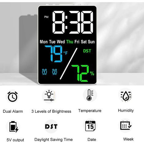 Digitaler Tischwecker mit Temperatur-, Luftfeuchtigkeits- und Datumsanzeige, kompakt, einstellbare Helligkeit, Ladeanschluss, 24-Stunden-Format, ideal für Nachttisch, Wohnzimmer oder (1/5)
