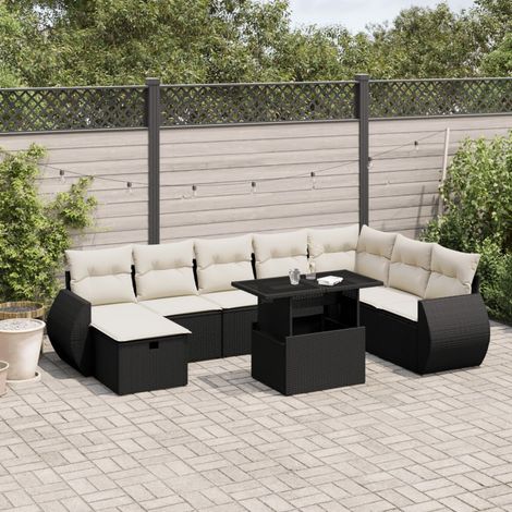Ensemble Salon Jardin 9 Pièces Noir Résine Tressée avec Table Verre Trempé et Coussins Crème (1/5)
