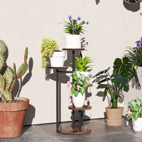Stand Plantes Étages Étagères Rondes Support Pots Carbonisé Rangement Travail Bois Acier 43x43x70cm