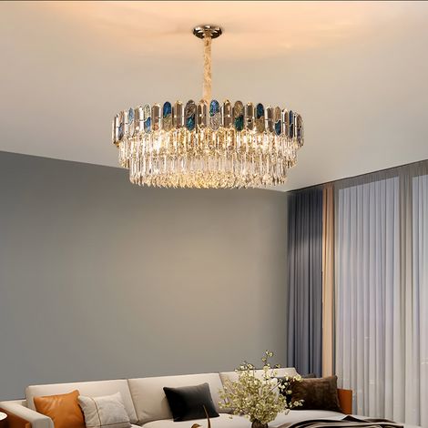 Moderne Designer Haengeleuchte Gold 60 cm runde Pendellampe mit Muschel und farbigen Kristallen E14 hoehenverstellbar dekorative Deckenleuchte fuer Wohnzimmer