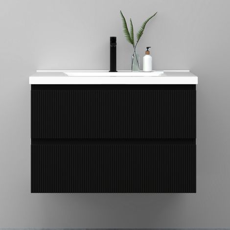 Meuble de salle de bain suspendu Strié 80cm avec simple vasque + 2 tiroirs, Noir